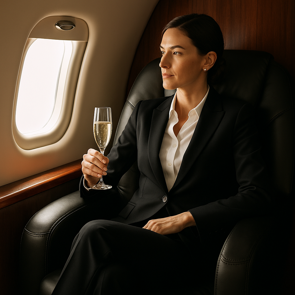 A poised woman in a black tailored business suit sits in a leather seat aboard a private jet, gazing thoughtfully out the window. Soft sunlight filters through the oval window, highlighting her calm expression as she holds a champagne flute elegantly in one hand.